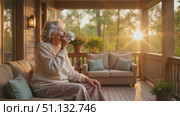 Пожилая женщина пьёт кофе на веранде на закате / Elderly woman sipping coffee on porch during sunset in cozy setting. Стоковое AI-видео, аниматор DeFusum / Фотобанк Лори