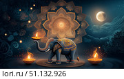 Majestic elephant with glowing Diya for Diwali night celebration. Стоковое AI-изображение, AI-художник Лариса Пономарева / Фотобанк Лори