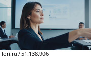 A businesswoman leads a presentation to colleagues, showcasing new strategies and insights in a professional environment. Стоковое AI-видео, аниматор Данила Большаков / Фотобанк Лори