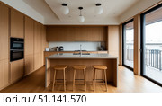 Kitchen in a modern apartment in the style of wooden minimalism. Стоковое AI-изображение, AI-художник Анна Никонорова / Фотобанк Лори