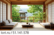 Balcony in a house in minimalist Japanese style. Стоковое AI-изображение, AI-художник Анна Никонорова / Фотобанк Лори