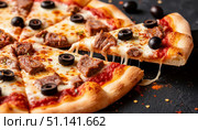 Meat pizza with bacon close-up on a black background пиши без дополнений. Стоковое AI-изображение, AI-художник Анна Никонорова / Фотобанк Лори