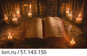 An ancient book lies open with candles illuminating its pages in a dark, mysterious library. Стоковое AI-видео, аниматор Данила Большаков / Фотобанк Лори