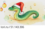 A vibrant green serpent with a Santa hat embraces the holiday spirit in this joyful artwork. Стоковое AI-видео, аниматор Данила Большаков / Фотобанк Лори