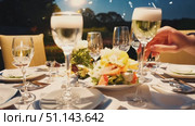 Enjoy a picturesque dinner setting with sparkling lights and delicious food in a tranquil garden. Стоковое AI-видео, аниматор Данила Большаков / Фотобанк Лори