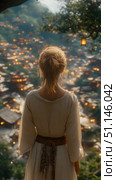 Person with golden hair tied up, viewed from behind, stands overlooking sprawling, illuminated mountain village as twilight descends, with solitary lantern hanging from tree branch. Стоковое AI-изображение, AI-художник Данила Большаков / Фотобанк Лори