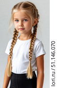 Cute blonde girl in a white T-shirt and black leggings. It stands half sideways. Physical education uniform for school. Стоковое AI-изображение, AI-художник Ирина Гильмуллина / Фотобанк Лори