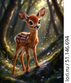 Children's illustration with a cartoon spotted fawn. Стоковое AI-изображение, AI-художник Наталья Чернова / Фотобанк Лори