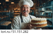 Повар в белом колпаке держит в руках торт с коржами. A cook in a white hat holds a cake with layers in his hands. Стоковое AI-изображение, AI-художник Смирнова Светлана / Фотобанк Лори