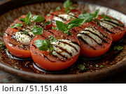 Caprese salad with ripe tomatoes, fresh mozzarella, and basil leaves drizzled with balsamic glaze on a rustic plate. Italian cuisine and gastronomic tour concept. Culinary video blog. Стоковое AI-изображение, AI-художник Ирина Михайличенко / Фотобанк Лори