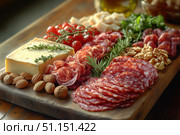 A beautifully arranged charcuterie board featuring an assortment of cheeses, cured meats, crackers, nuts, fruits, and spreads, displayed on a wooden table with serving utensils and dishes. Стоковое AI-изображение, AI-художник Ирина Михайличенко / Фотобанк Лори