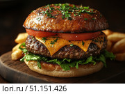 Gourmet Burger with a juicy beef patty, melted cheddar cheese, fresh lettuce, tomato, and a toasted brioche bun on a wooden board. Fast street food concept. Footage for culinary video blog. Стоковое AI-изображение, AI-художник Ирина Михайличенко / Фотобанк Лори