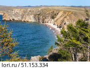 Baikal Lake on sunny windy August day. Top view on shallow bay of Small Sea and sundy beach of Olkhon island. Scenic landscape. Natural background. Summer travels and outdoor recreation. Стоковое фото, фотограф Виктория Катьянова / Фотобанк Лори
