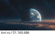 A Stunning View of Beautiful Earth Over Clouds with a Starry Background in Space. Стоковое AI-видео, аниматор Лариса Пономарева / Фотобанк Лори