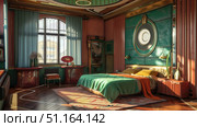 art Deco-style bedroom with burl wood walls, uplifted bed and green emerald inserts. Dramatic yet serene space for ultimate relaxation. Стоковое AI-изображение, AI-художник Светлана Леуто / Фотобанк Лори