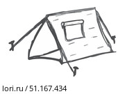 Camping Tourist Tent hand drawn ink. Bivouac shelter, Ridge tent. Black and white sketch doodle. Item for sleeping in Hikes. Design about traveling, outdoor recreation. Isolated. Vector illustration. Стоковая иллюстрация, иллюстратор Алёна Остроухова / Фотобанк Лори