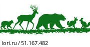 Green animal silhouettes navigating dense forest landscape, featuring bears, deer, foxes, squirrels, and cubs wandering through verdant woodland terrain. Стоковое AI-изображение, AI-художник Юрий Поздников / Фотобанк Лори