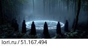 Hooded occultists gathering near glowing blue pentagram, performing mystical ritual deep within misty nocturnal woodland landscape. Стоковое AI-изображение, AI-художник Юрий Поздников / Фотобанк Лори