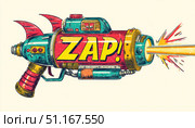 Vintage sci fi ray gun blasting vibrant energy beam, featuring bold zap text, representing classic space age graphic design aesthetic. Стоковое AI-изображение, AI-художник Юрий Поздников / Фотобанк Лори