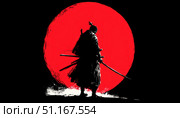 Lone samurai silhouetted against crimson sun, wielding dual katanas, embodying traditional japanese warrior spirit. Стоковое AI-изображение, AI-художник Юрий Поздников / Фотобанк Лори