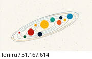 Colorful minimalist solar system model depicting planetary orbits around vibrant central star, illustrating cosmic celestial arrangement. Стоковое AI-изображение, AI-художник Юрий Поздников / Фотобанк Лори