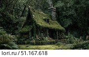 Wispy smoke rising from moss covered cottage chimney, surrounded by lush green forest, embodying peaceful woodland tranquility. Стоковое AI-изображение, AI-художник Юрий Поздников / Фотобанк Лори