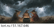 Mystical witches brewing potent magical potion inside bubbling cauldron, dark stormy landscape crackling with electric lightning, casting supernatural ambiance. Стоковое AI-изображение, AI-художник Юрий Поздников / Фотобанк Лори