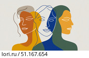 Female silhouettes intertwining, symbolizing unity, empowerment, and cultural diversity through warm, vibrant color palette and overlapping profiles. Стоковое AI-изображение, AI-художник Юрий Поздников / Фотобанк Лори