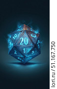 Luminous blue twenty sided die displaying twenty, floating against shadowy backdrop, symbolizing tabletop gaming excitement and strategic roleplaying moments. Стоковое AI-изображение, AI-художник Юрий Поздников / Фотобанк Лори