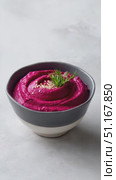 Vibrant beetroot hummus nestled in ceramic bowl, topped with delicate dill sprigs and scattered sesame seeds, resting on pristine white surface. Стоковое AI-видео, аниматор Юрий Поздников / Фотобанк Лори