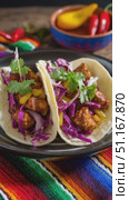 Korean street food fusion, savory tacos filled with tender meat, vibrant red cabbage, fresh coriander, tangy pickled onions on dark plate, colorful backdrop. Стоковое AI-видео, аниматор Юрий Поздников / Фотобанк Лори