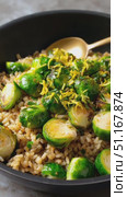 Roasted brussels sprouts topping warm brown rice, sprinkled with fresh herbs, lemon zest, delivering nutritious plant based flavor on plate. Стоковое AI-видео, аниматор Юрий Поздников / Фотобанк Лори