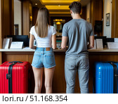 Man and woman at the hotel reception (check-in) Стоковое AI-изображение, AI-художник Денис Глагазин / Фотобанк Лори