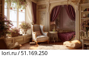 Interior of a cozy room in romantic style. Стоковое AI-изображение, AI-художник ALLA YURTAYEVA / Фотобанк Лори