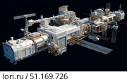 Zero-gravity space lab with robotic experiment modules. Cargo spaceship on orbit of planet Earth. Exploration of space. Стоковое AI-изображение, AI-художник ALLA YURTAYEVA / Фотобанк Лори