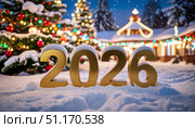 Золотые цифры 2026 на фоне Рожественской ярмарки. Стоковое AI-изображение, AI-художник Терехова Марина / Фотобанк Лори