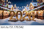 Золотые буквы 2026 на фоне Рожественской ярмарки. Стоковое AI-изображение, AI-художник Терехова Марина / Фотобанк Лори