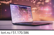 Advanced graphical user interface on a modern laptop screen with dynamic abstract connections, highlighting cutting-edge technology in professional environment. Стоковое AI-видео, аниматор Данила Большаков / Фотобанк Лори