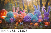 Plush toys celebrate fall with pumpkins and vibrant colors in an enchanting forest setting. Стоковое AI-видео, аниматор Данила Большаков / Фотобанк Лори