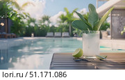 Enjoy a beautiful day by the pool with a cool drink and vibrant plants in the background. Стоковое AI-видео, аниматор Данила Большаков / Фотобанк Лори