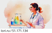 A scientist shares insights during an experiment in the laboratory, showcasing colorful reactions and engaging analysis. Стоковое AI-видео, аниматор Данила Большаков / Фотобанк Лори