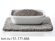 Cat litter box filled with white-gray litter with blue particles. Clumping cat in home background. Clean gray beige pet litter box placed on a rug carpet. Cleanliness concept. Cat toilet. Pets hygiene. Стоковое AI-изображение, AI-художник Марина Демидюк / Фотобанк Лори