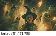 A young witch stands awestruck amidst swirling spirits and eerie decorations on Halloween night. Стоковое AI-видео, аниматор Данила Большаков / Фотобанк Лори