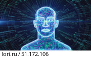 A digital head surrounded by a blue and green digital matrix. Стоковое AI-видео, аниматор Данила Большаков / Фотобанк Лори