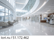 Empty corridor in modern Hospital ICU blurred background. Blur defocused interior of modern clinic. Abstract defocused corridor of medical centre, laboratory, lab. Healthcare and medicine concept. Стоковое AI-изображение, AI-художник Марина Демидюк / Фотобанк Лори