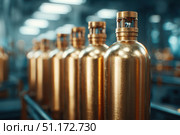 Brass oxygen tanks. Bundle of gas cylinder and high pressure gauges, meter, valve. Many argon cylinders with compressed gas for industry, welding. Fuel manufacturing. Liquefied gas production, factory. Стоковое AI-изображение, AI-художник Марина Демидюк / Фотобанк Лори