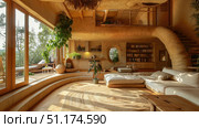 Nature-inspired living room in rustic house featuring soft sofas with pillows, hanging plants, and reclaimed wood. Biophilic design blending comfort with organic beauty. Стоковое AI-изображение, AI-художник Светлана Леуто / Фотобанк Лори