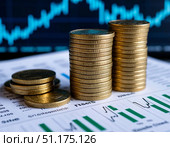 Столбики монет на фоне котировочных графиков (биржевые графики) Стоковое AI-изображение, AI-художник Владислав Дельдюгинов / Фотобанк Лори