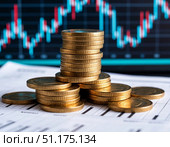 Столбики монет на фоне котировочных графиков (биржевые графики) Стоковое AI-изображение, AI-художник Владислав Дельдюгинов / Фотобанк Лори