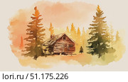 Watercolor painting depicting a quaint log cabin nestled in a forest. Стоковое AI-видео, аниматор Данила Большаков / Фотобанк Лори